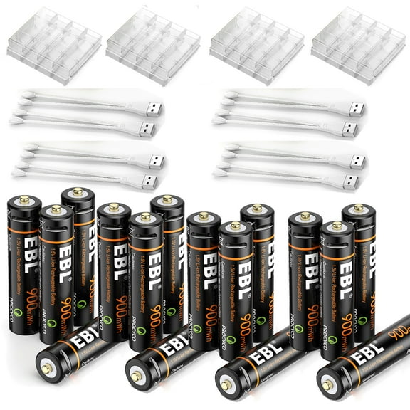 EBL 16 Pack USB Rechargeable AAA Lithium-Ion Batteries 1.5V AAA Battery 900mWh with 2 in 1 Charging Cable