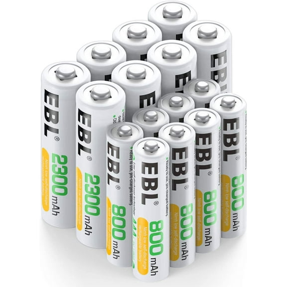 EBL 16 Sets AA AAA Batteries Combo with 8PCS AA 2300mAh & 8-Pack AAA 800mAh Rechargeable Batteries 1.2V