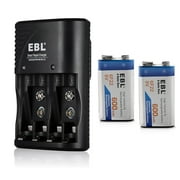 EBL 2 Pack 600mAh 9V Li-ion Rechargeable Batteries with Charger for AA AAA 9V Rechargeable Batteries Ni-MH Ni-CD Rechargeable Batteries