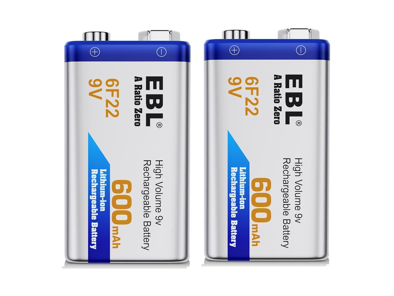 EBL 2-Pack 6F22 9V Battery 600mAh Lithium-ion Rechargeable Batteries 