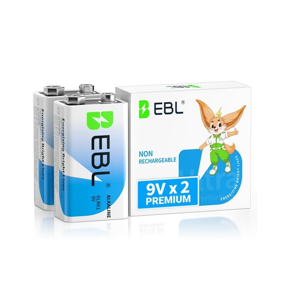 EBL 2 Pack 6LR61 Alkaline Batteries, 9 Volts Batteries (Non-Rechargeable)