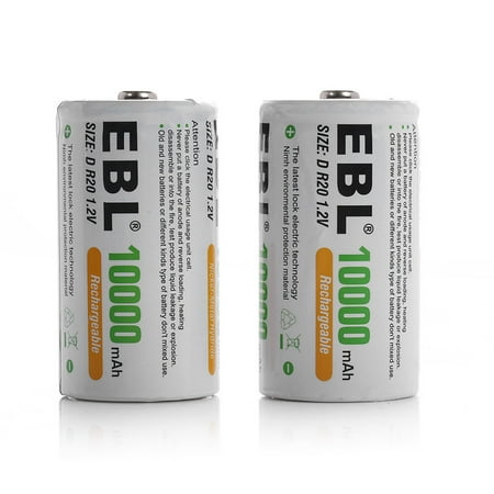 EBL 2-Pack D Rechargeable Batteries R20 Nimh
