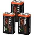 thumbnail image 1 of EBL 2-Pack USB Rechargeable 9V 6F22 LI-ion Batteries 5400mWh Lithium Battery ( no Micro Charging Cable), 1 of 10