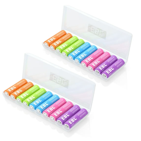 EBL 20 Pack AA 2500mah Rainbow Rechargeable Batteries NIMH 1.2V Battery Pack for Garden Solar Light Camera Flashlight
