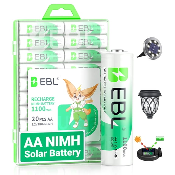 EBL (20 Pack) AA Ni-MH Rechargeable Batteries, 1.2V 1100mAh Double A Battery with Case Box for Outdoor Solar Light