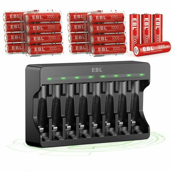 EBL 20 Pack Rechargeable Lithium AA Batteries, 1.5V AA Li-ion Batteries with 8 Slots Smart Lithium Rechargeable Battery Charger
