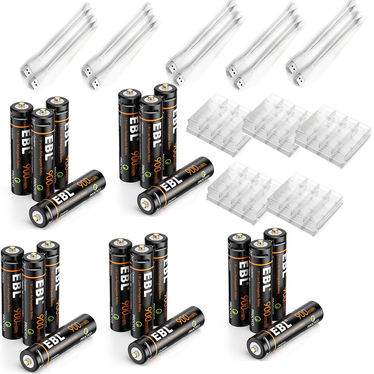 EBL 20 Pack USB Rechargeable AAA Lithium-Ion Batteries 1.5V AAA Battery 900mWh with 2 in 1 Charging Cable