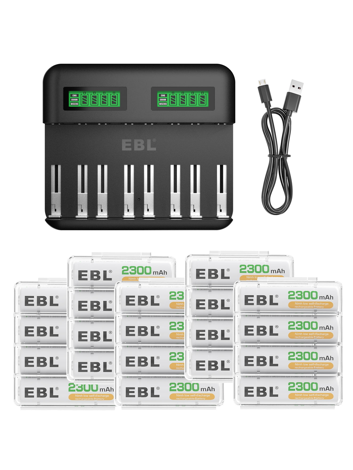 EBL 20Pack AA 2300mAh 1.2V NiMH Rechargeable Batteries with Battery Charger for AA/AAA/C/D Rechargeable Battery