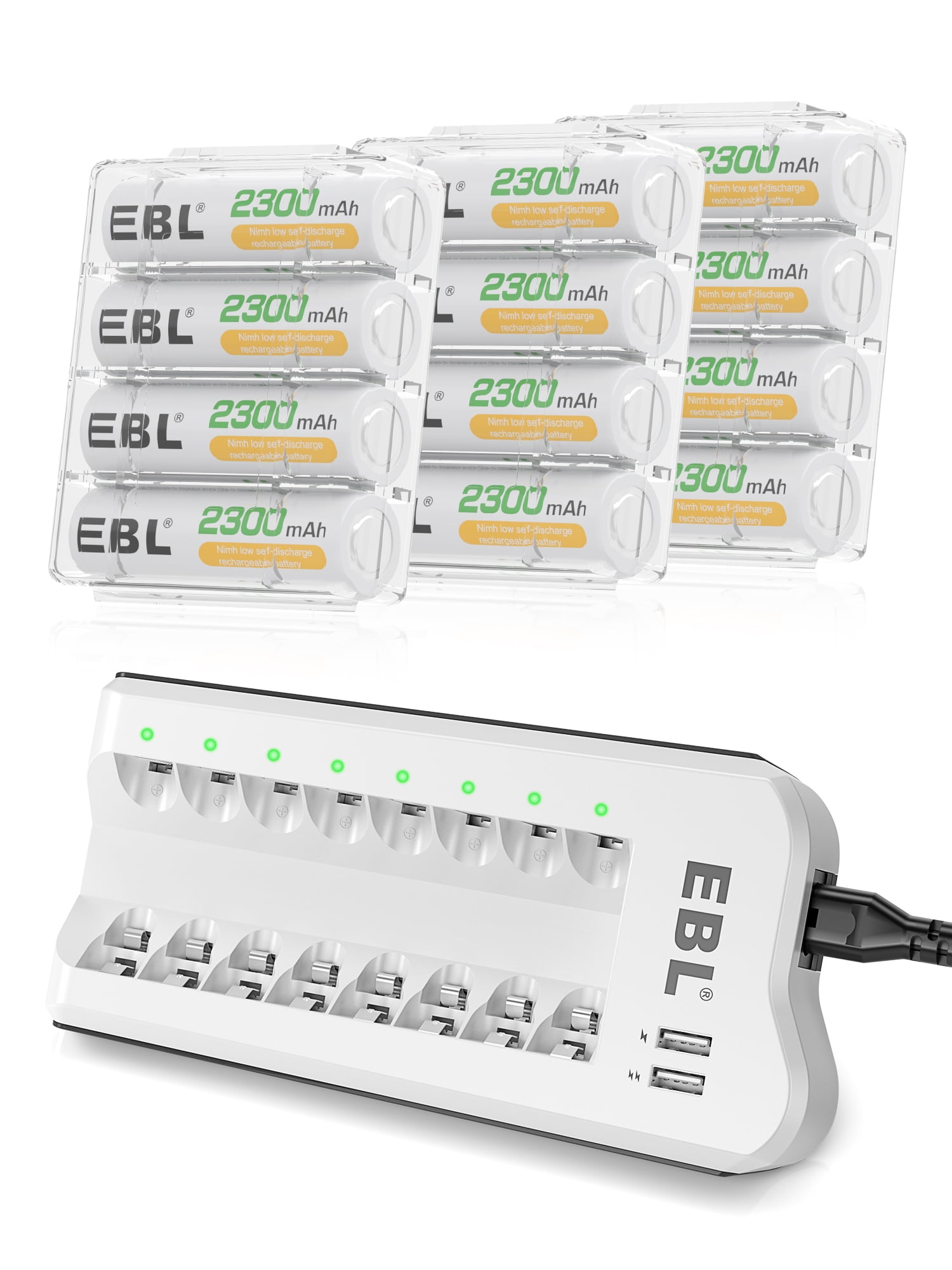 EBL 2300mAh Ni-MH AA Rechargeable Batteries (12 Pack) and 808U Rechargeable AA AAA Battery Charger with 2 USB Charging Ports