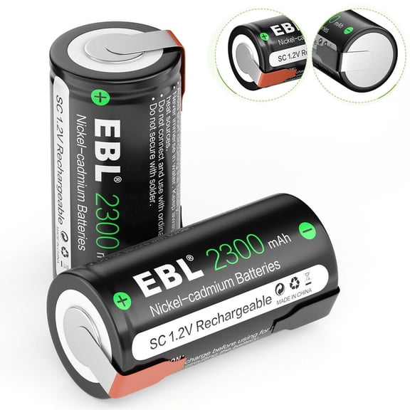 EBL 2300mAh Sub C NiCd Rechargeable Batteries for Power Tools 1.2V Flat Top Sub-C Cell Batteries with Tabs, 2 Packs