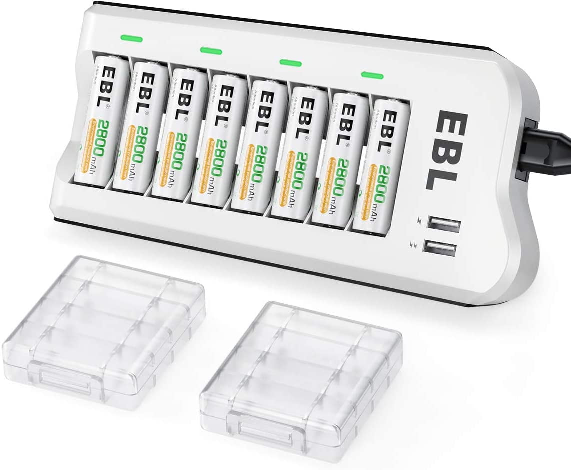 EBL 2800mAh Ni-MH AA Rechargeable Batteries (8 Pack) and 808U Rechargeable AA AAA Battery Charger with 2 USB Charging Ports