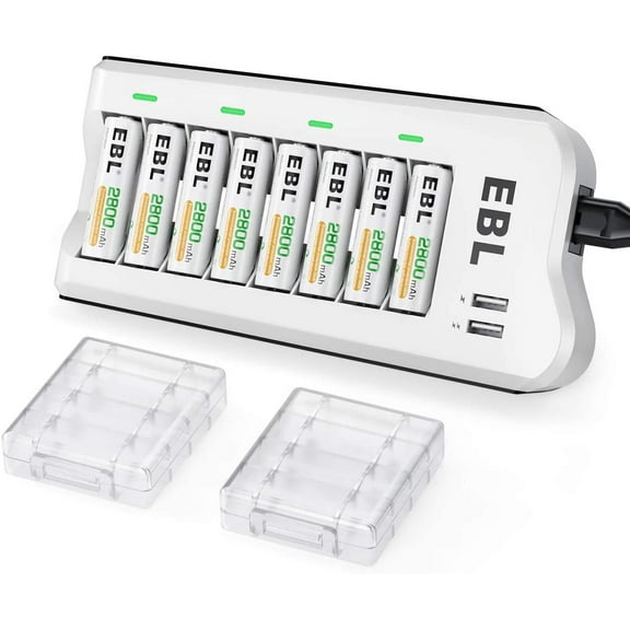 EBL 2800mAh Ni-MH AA Rechargeable Batteries (8 Pack) and 808U Rechargeable AA AAA Battery Charger with 2 USB Charging Ports