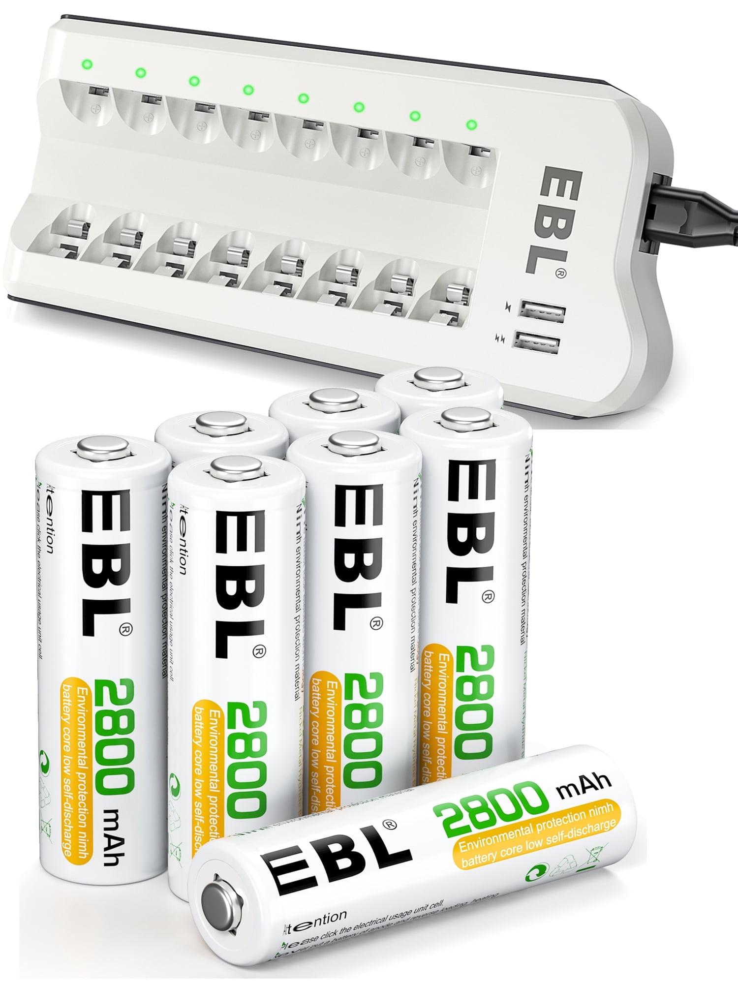 EBL Rechargeable AA Batteries (8-Pack) 2800mAh Double a Batteries with 8 Bay Battery Charger