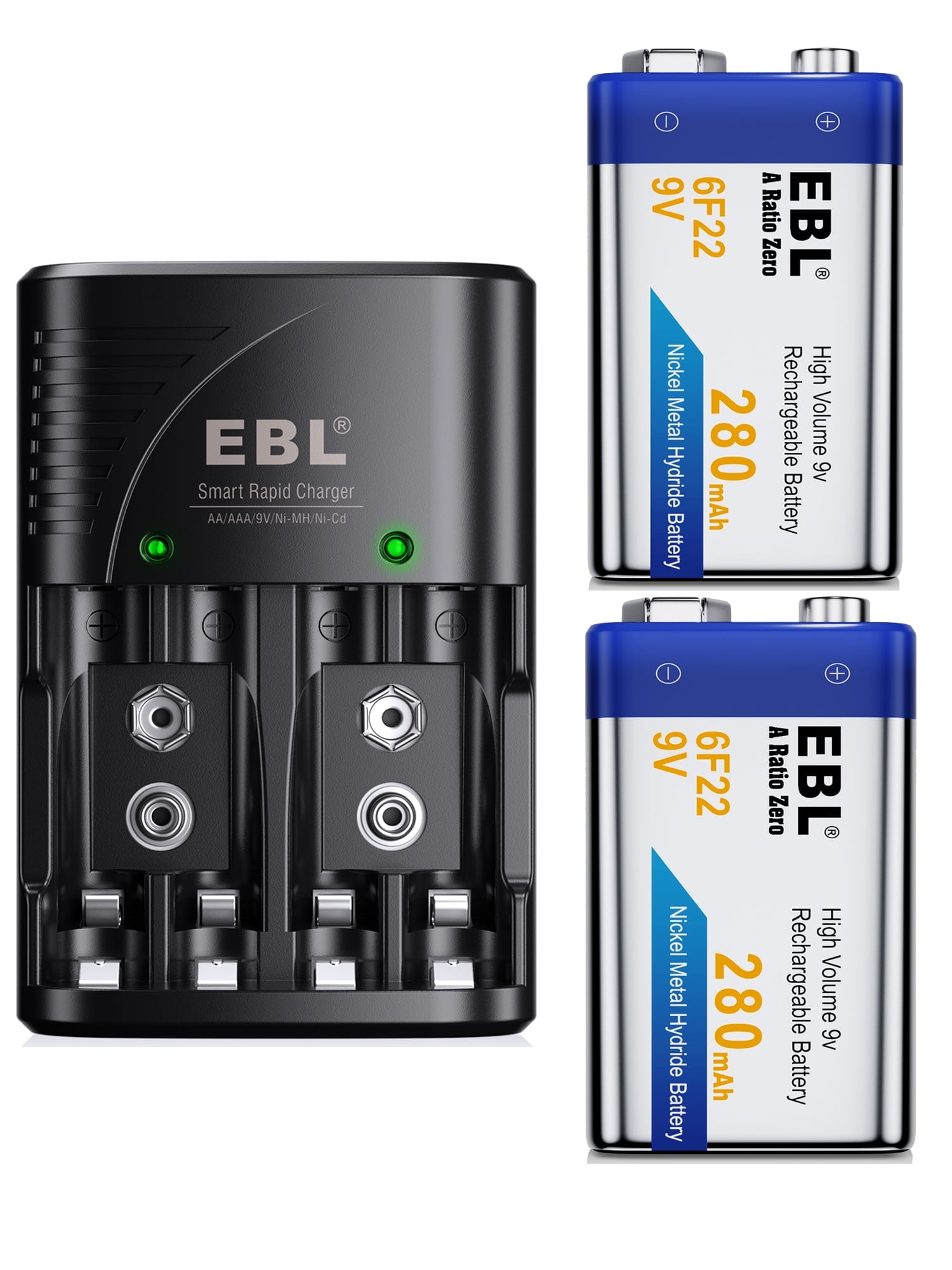 EBL 9V Batteries 2 Pack 2 Slot Battery Charger for Ni MH Ni CD AA AAA Rechargeable Batteries