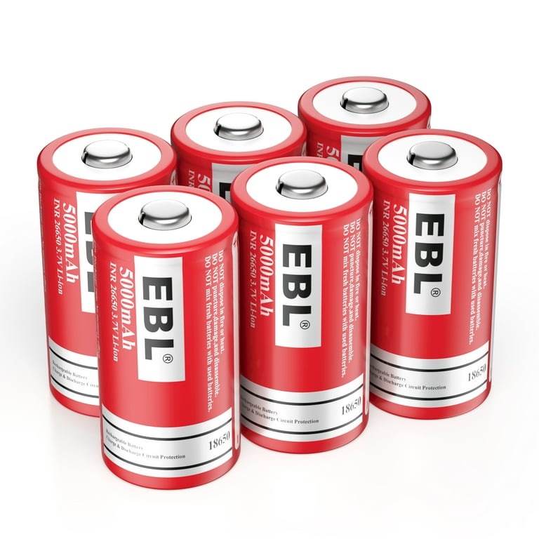 EBL 3.7V 26650 Li-Ion Rechargeable Batteries, 6-Pack 