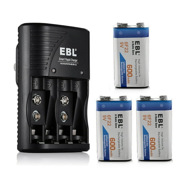 EBL 3 Pack 600mAh 9V Li-ion Rechargeable Batteries with Charger for AA AAA 9V Rechargeable Batteries Ni-MH Ni-CD Rechargeable Batteries