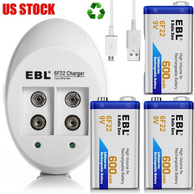 EBL 3Pack 9V600mAh Batteries Liion 9 Volt Rechargeable Batteries with