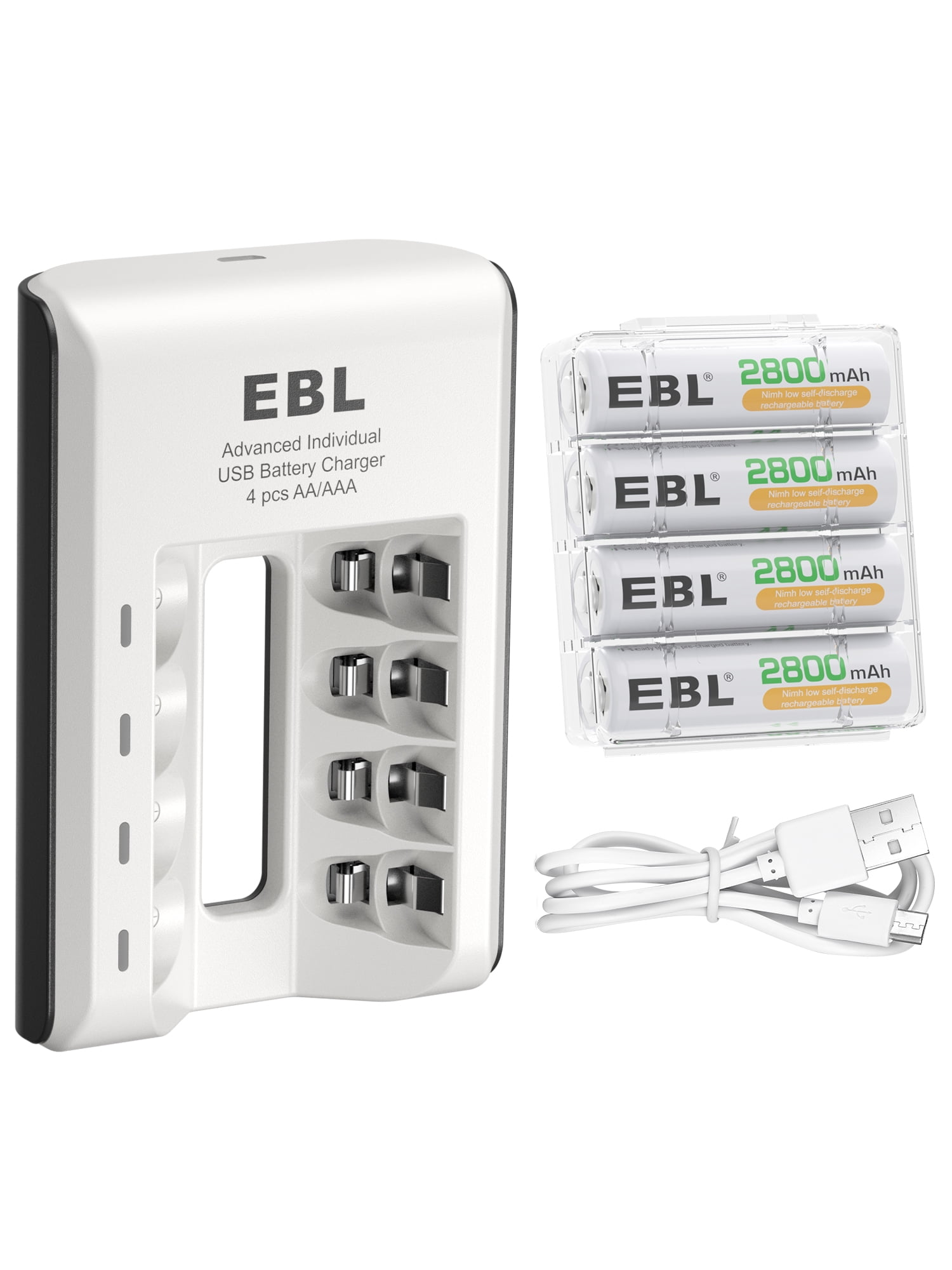 EBL 4 Pack 2800mAh AA Ni-Mh Rechargeable Batteries with 4-Slot USB Battery Charger for AA AAA Ni-CD Ni-MH Rechargeable Battery