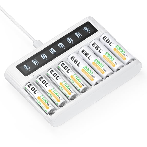 EBL 4-Pack Rechargeable AA Batteries (NiMH 2800mAh 1100mAh) AAA Batteries + Smart LCD 8 Bay Battery Charger