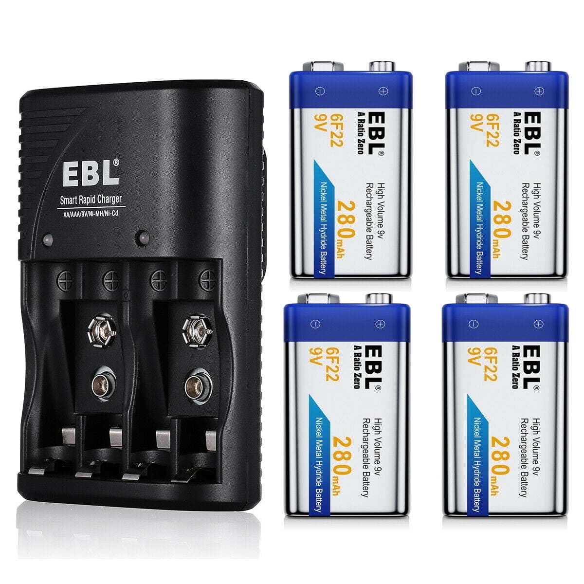 EBL 4 Pack 280mAh 9-Volt NiMH Rechargeable Batteries with 2-Slot 9V 6F22 9 Volt Battery Charger US Plug for AA AAA 9V NiMH NiCD Rechargeable Batteries