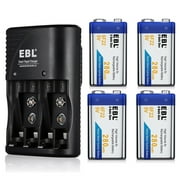 EBL 4 Pack 280mAh 9-Volt NiMH Rechargeable Batteries with 2-Slot 9V 6F22 9 Volt Battery Charger US Plug for AA AAA 9V NiMH NiCD Rechargeable Batteries