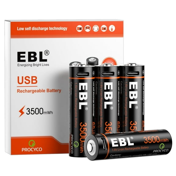 EBL 4-Pack 3500mWh 1.5V Lithium-Ion Rechargeable AA Batteries with Micro USB Cable