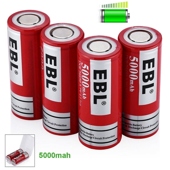 EBL 4-Pack 5000Ah 26650 Li-ion Rechargeable Battery 3.7V 5000mAh INR with Storage Case for Flashlight