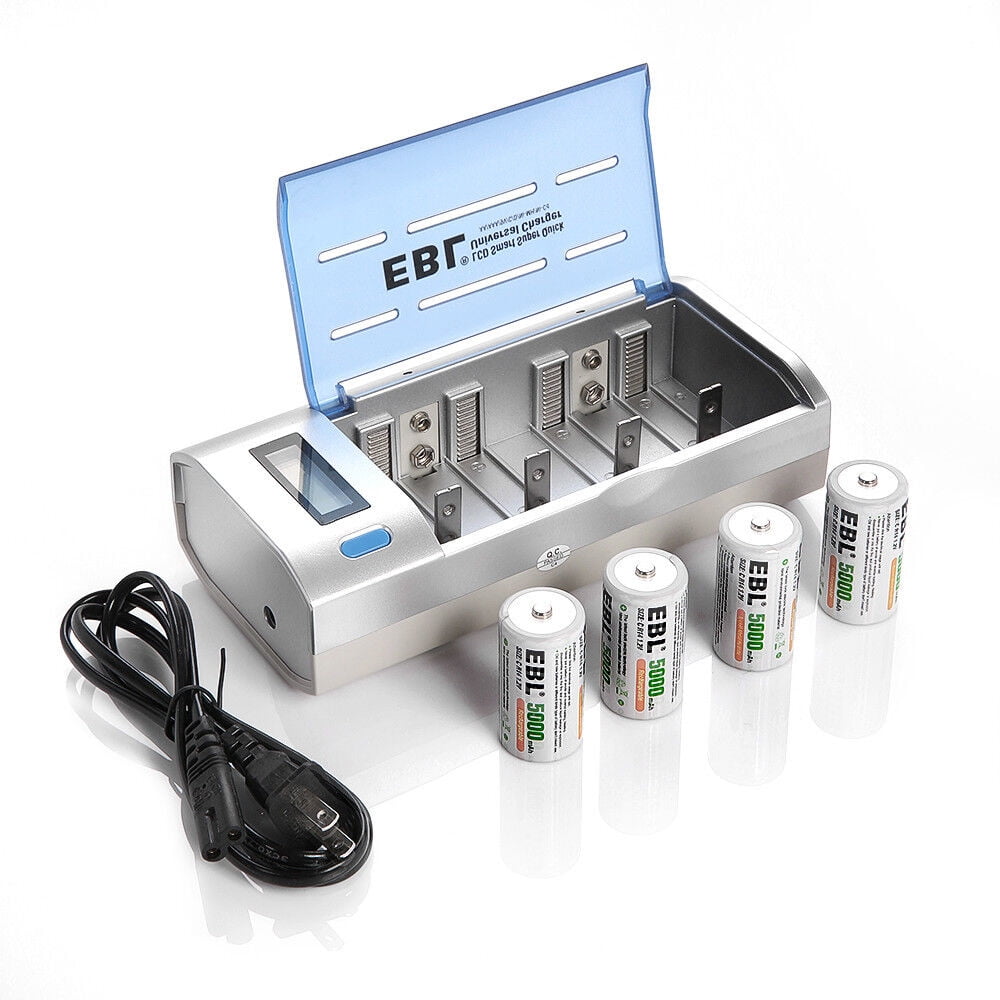 EBL 4-Pack 5000mAh Size C Cell Rechargeable Batteries + LCD Battery Charger for AA AAA 9V C D Ni-CD Ni-MH Battery