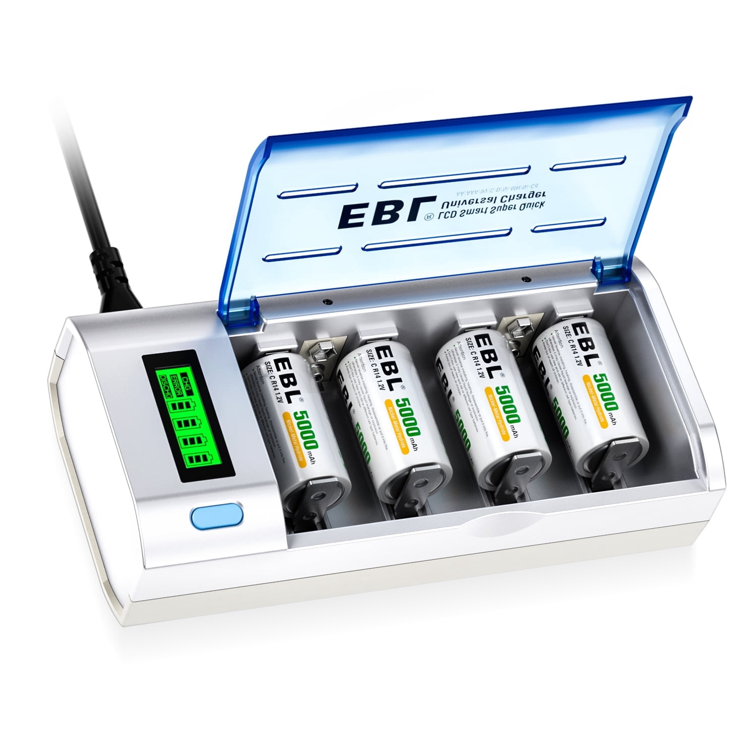 EBL 4 Pack C Rechargeable Batteries 5000mAh with 906 Smart Battery Charger