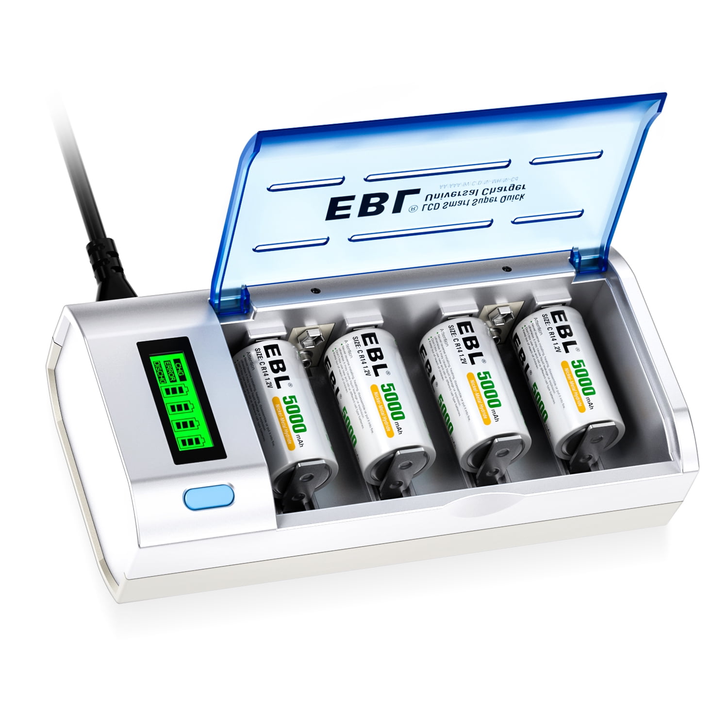 EBL 4 Pack C Rechargeable Batteries 5000mAh + 906 Smart Battery Charger for AA AAA C D 9V Batteries