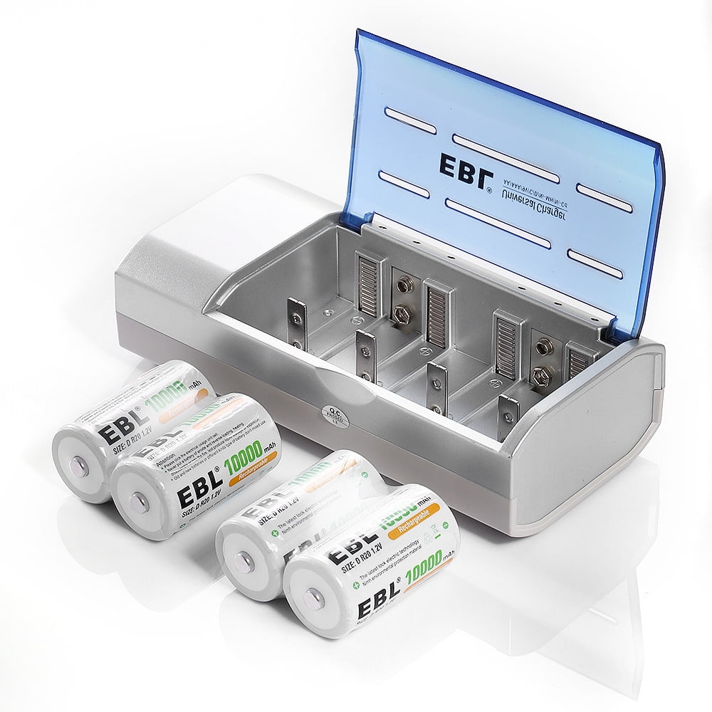 EBL 4 Pack Size D Cell 10000mAh Rechargeable Batteries 1.2V + Battery Charger for C D 9V AA AAA Ni-CD Ni-MH Replacement Battery