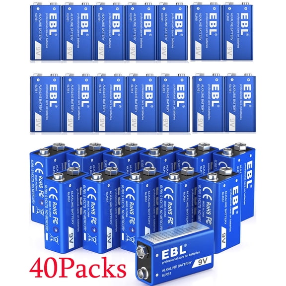EBL 40Pack 9V 6LR61 9 Volt Alkaline Batteries Cells Bulk Long Lasting 9V Batteries