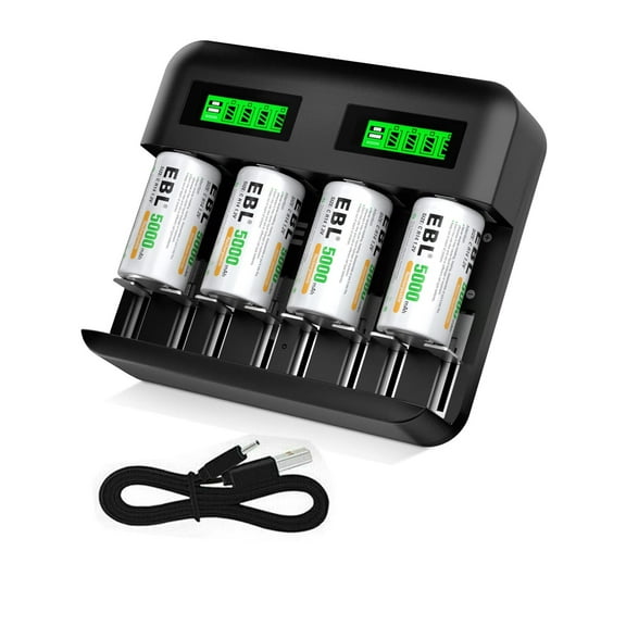 EBL 4Pcs Rechargeable C Cell Batteries with 4-Bay USB Battery Charger Quick Charging
