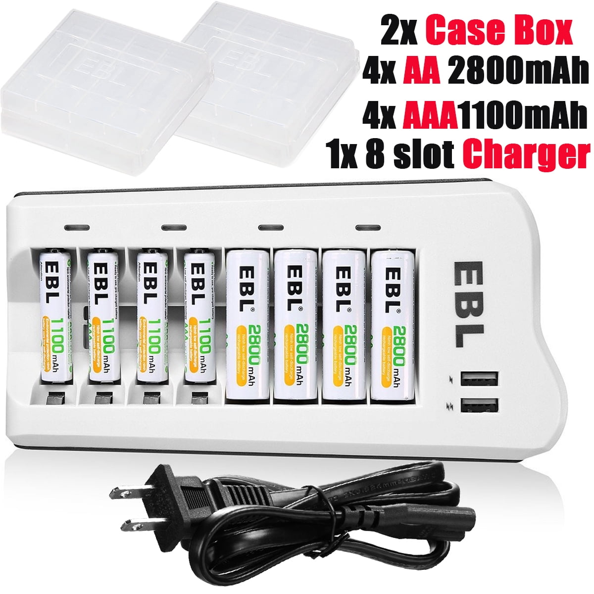 EBL 4x AA Rechargeable Batteries 2800mAh NiMh & 4x AAA Ni-MH Batteries 1100mAh & 8-Bay Battery Charger with 2 USB Port