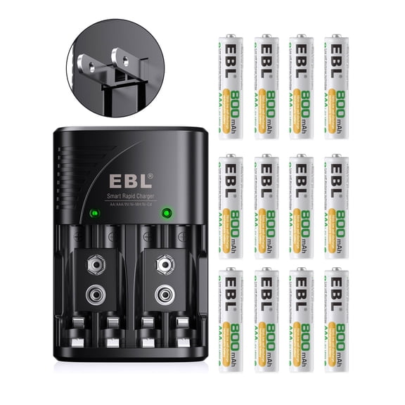 EBL 4x EBL 800mAh AAA Ni-MH Rechargeable Battery + 9V 6F22 AAA AA Universal Charger