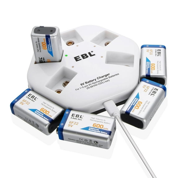 EBL 5 Bay 9v Battery Charger with 600mAh 9 Volts Lithium-Ion Rechargeable Batteries for Solar Light, Camera, 5 Pack