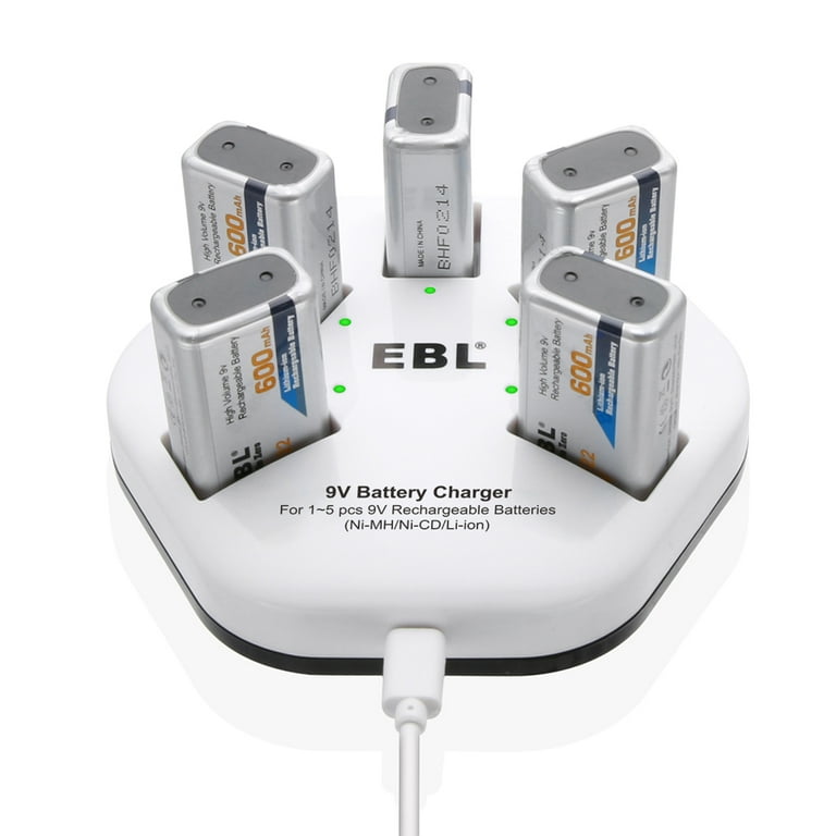 EBL 5 Counts 9 Volts 600mAh Lithium Ion Rechargeable Batteries 5 Bay 9V Battery Charger
