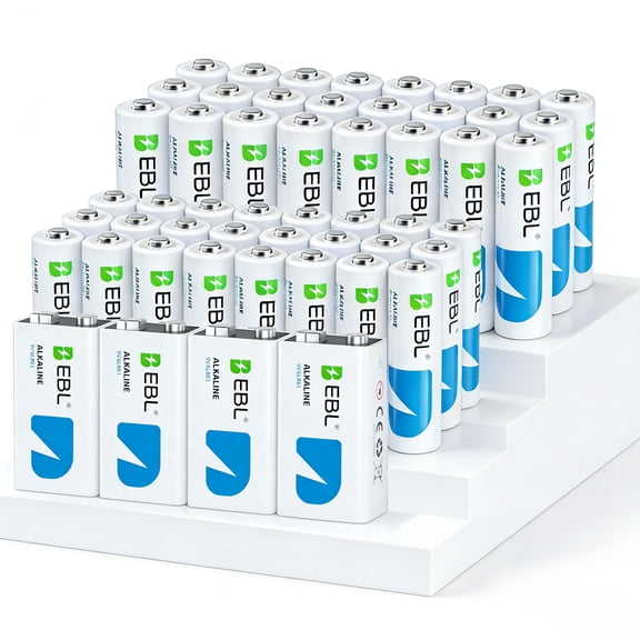 EBL 52-Count 1.5V Alkaline AA & AAA & 9V Batteries Combo Pack (24 Double A + 24 Triple A) with 4 9 Volt Smoke Alarm Detectors Battery, High Power Long Lasting Value Pack 10 Years Storage Life