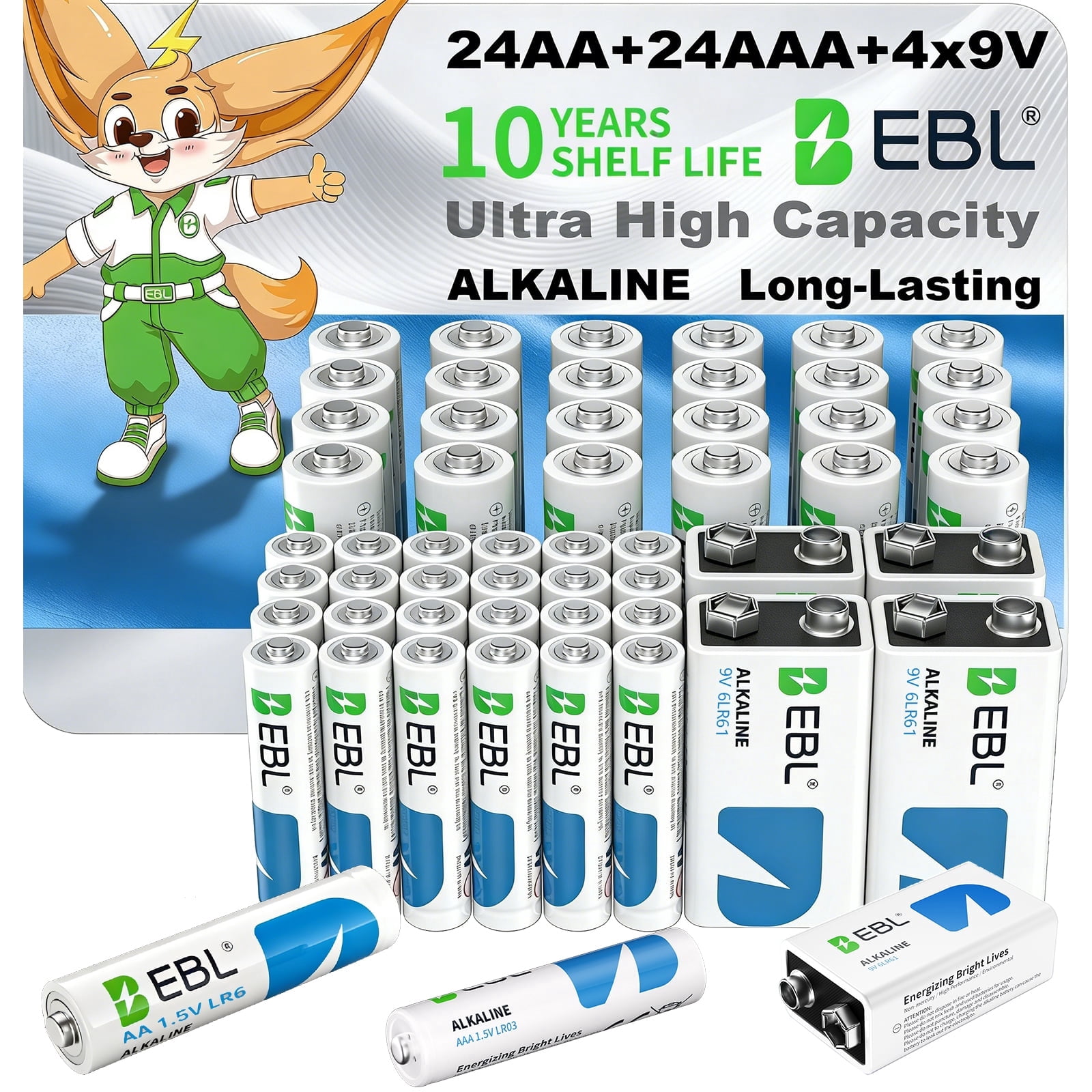 EBL 52-Count 1.5V Alkaline AA & AAA & 9V Batteries Combo Pack (24 Double A + 24 Triple A 1.5 Volt + 4 Pcs 9 Volts ) Smoke Alarm Detectors Battery, Ultra High Power Long Lasting 10 Years Storage Life