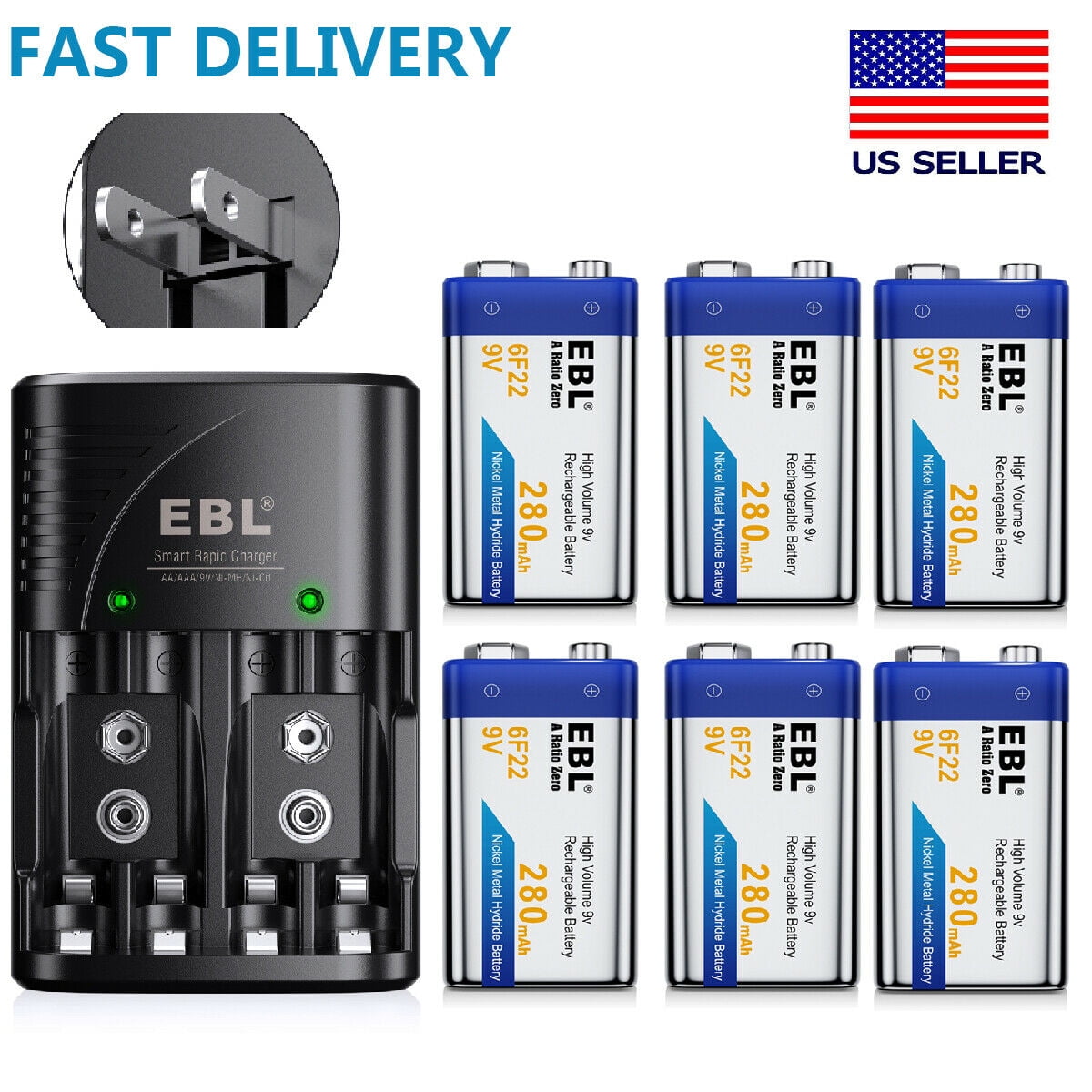 EBL 6 Pack 280mAh 9-Volt NiMH Rechargeable Batteries with 2-Slot 9V 6F22 9 Volt Battery Charger US Plug for AA AAA 9V NiMH NiCD Rechargeable Batteries