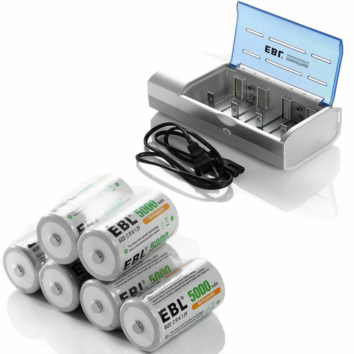 EBL 6Pack 5000mAh NiMH Size C Cell Rechargeable Batteries + Battery Charger for C D 9V NiCD