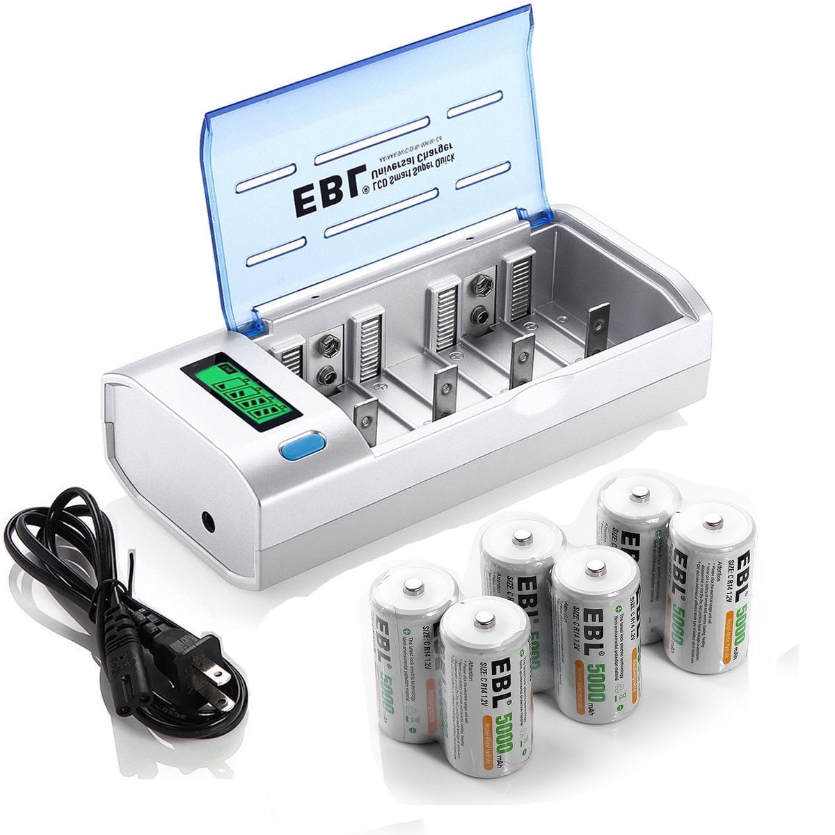EBL 6-Pack 5000mAh Size C Cell Rechargeable Batteries + LCD Battery Charger for AA AAA 9V C D Ni-CD Ni-MH Battery