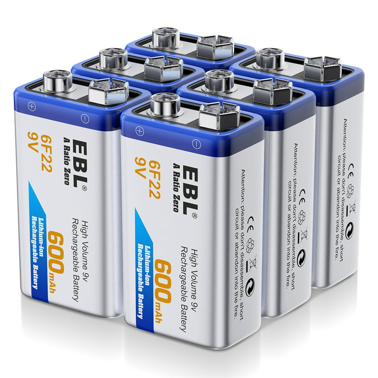 EBL 6-Pack 600mAh 9V Li-ion Rechargeable Batteries 9 Volt Lithium-ion  Battery 
