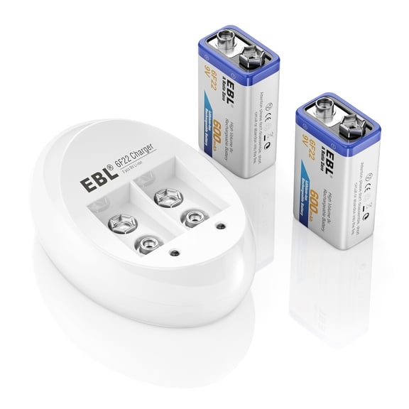 EBL 600mAh 9V Rechargeable Batteries 2 Pack + Battery Charger for Li-Ion Ni-MH Ni-CD Batteries