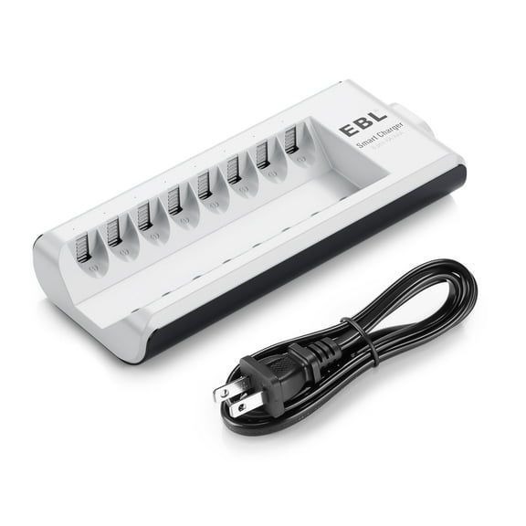 EBL 8 Bay AA & AAA Battery Charger for Ni-MH Ni-CD Rechargeable Batteries with Charging Cable, White