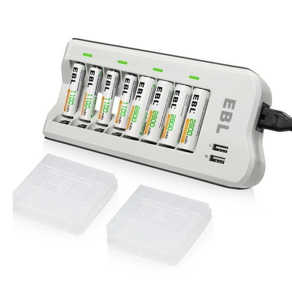 EBL 8 Bay Battery Charger with AA Rechargeable Batteries & Nimh AAA Batteries, 4 Pack
