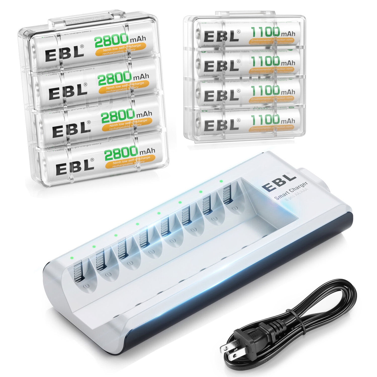 EBL 8 Bay Battery Charger with 4-Pack 2800mAh AA & 1100mAh AAA Batteries 1.2V