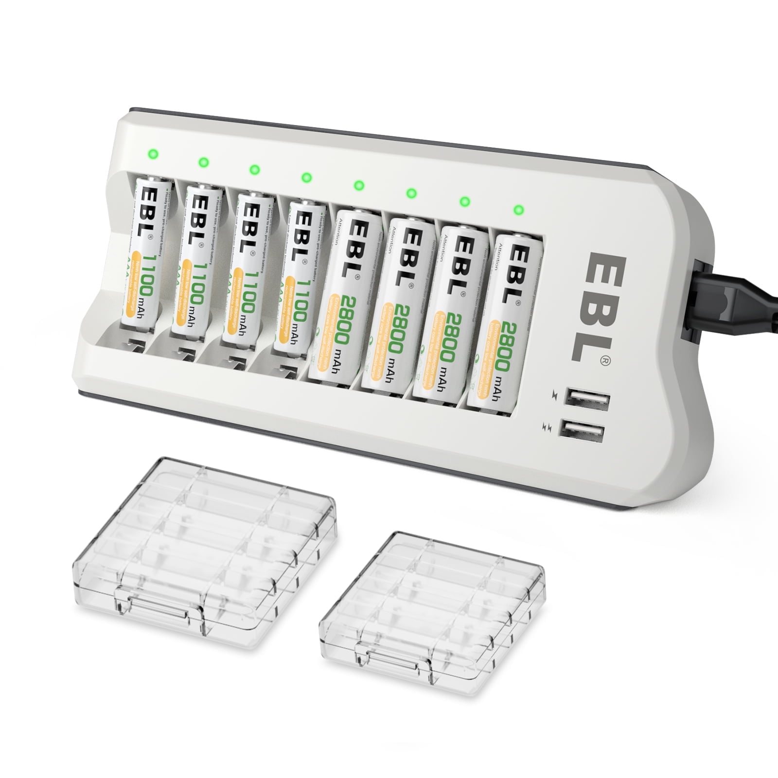 EBL 8 Bay Rechargeable Battery Charger with 4-Pack AA 2800mAh & 4-Pack 1100mAh AAA Batteries