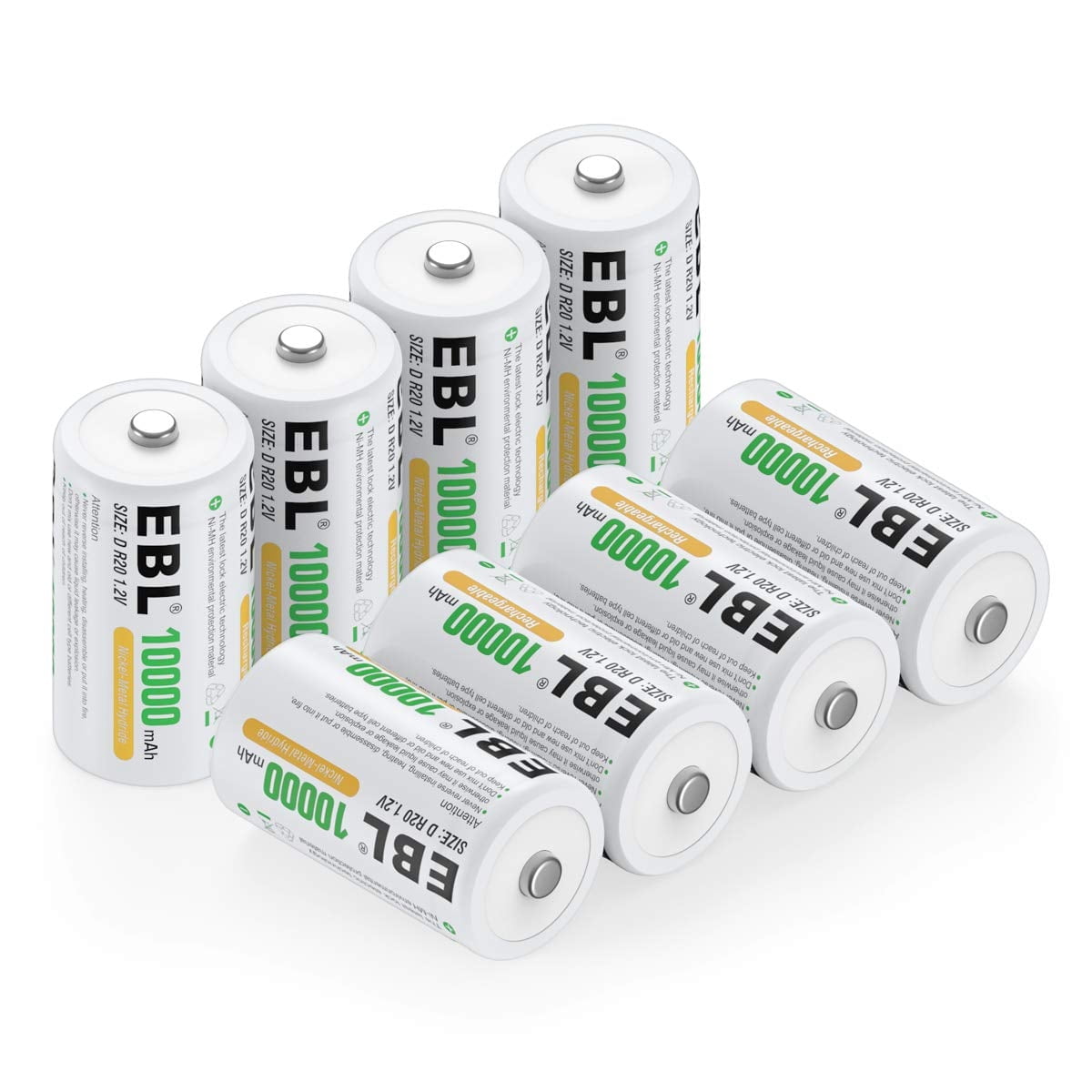 EBL 8 Pack 10000mAh Rechargeable D Batteries D Cell Size Ni-MH Battery 1.2V，Storage Case Included