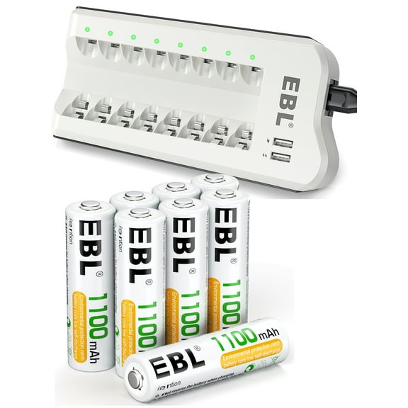 EBL 8-Pack 1100mAh AAA Rechargeable Batteries + 8 Bay Charger for AA AAA Ni-MH Ni-CD Battery with Dual USB Ports